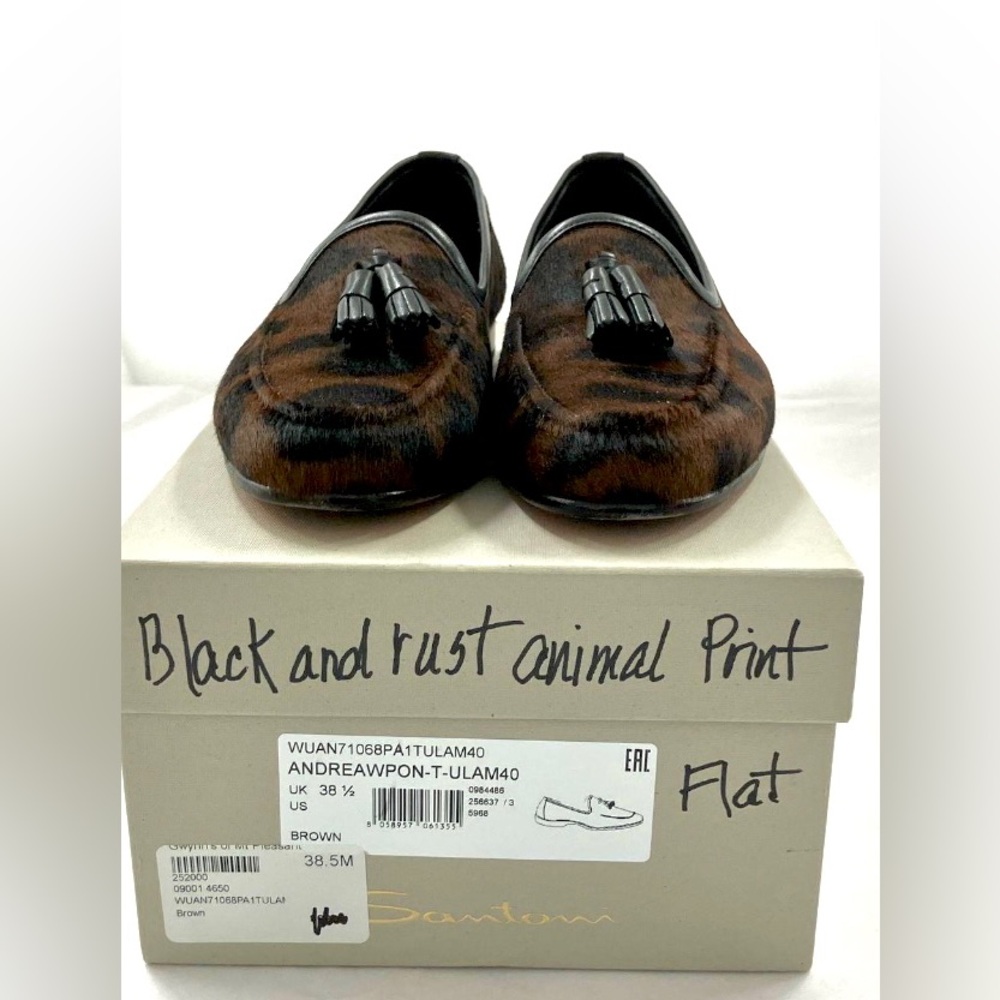 Santoni Brown and Black Animal Print Flats tassel Loafers - Picture 2 of 6